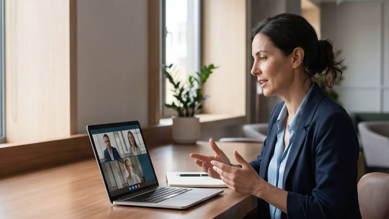 Professional speaking with international clients on a video call