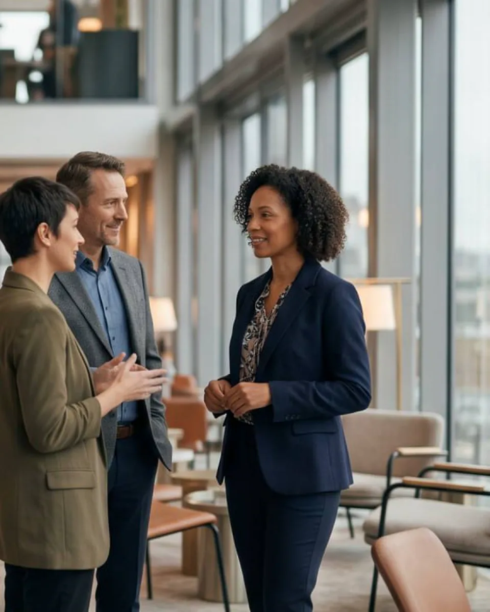 Professionals networking confidently in a modern workplace