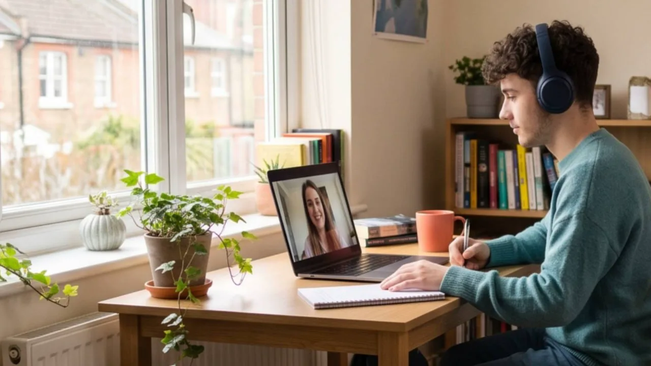 Learner using headphones in an online listening lesson