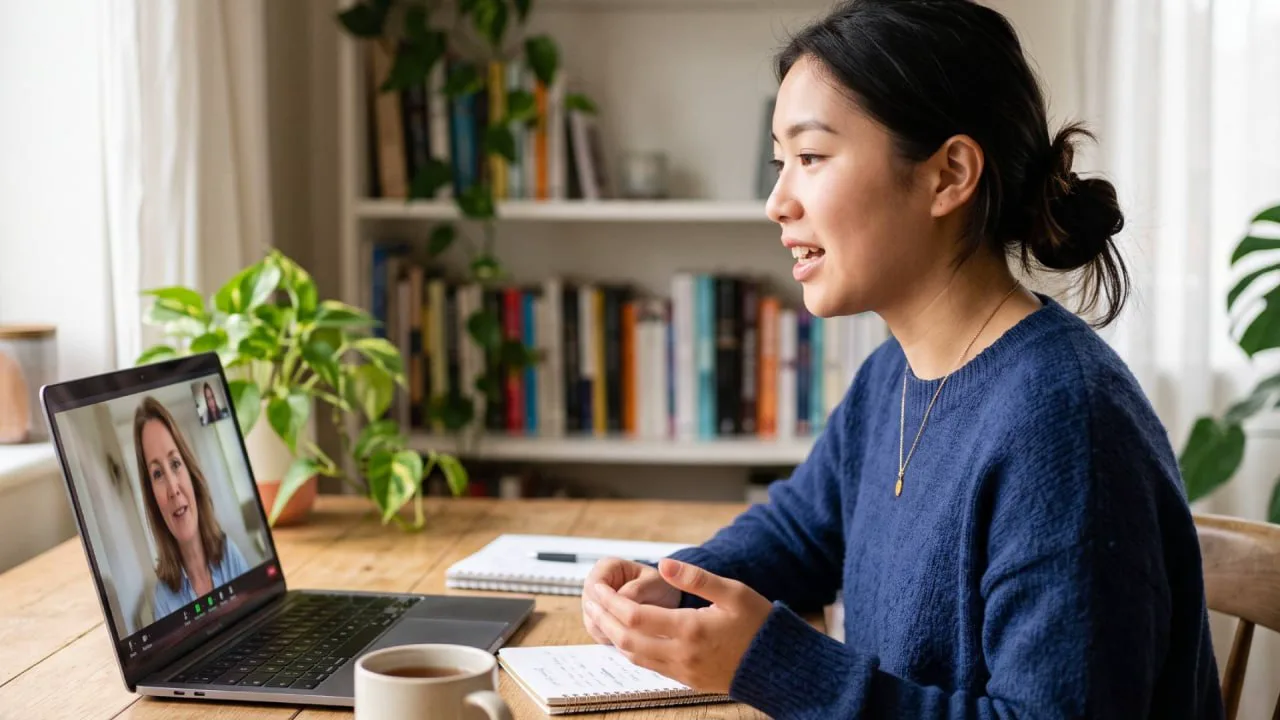 Learner practising speaking with an online tutor