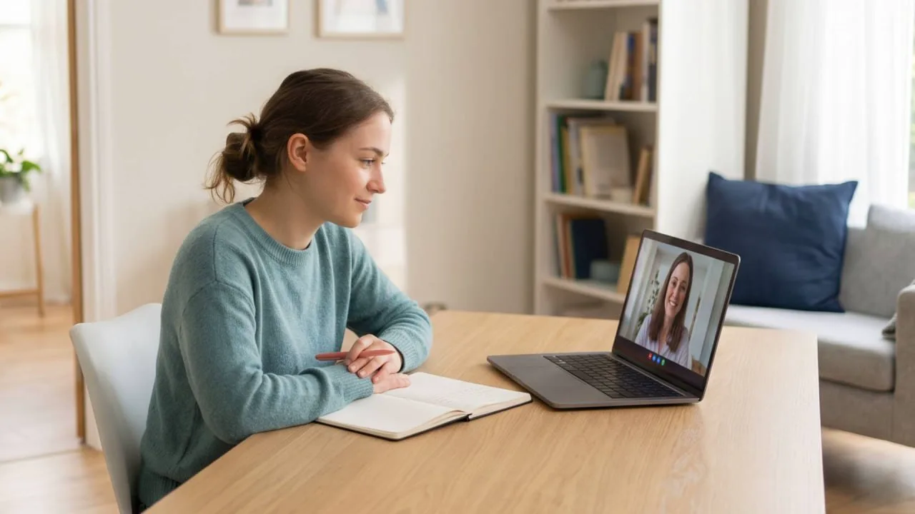 Learner reviewing written work during an online lesson